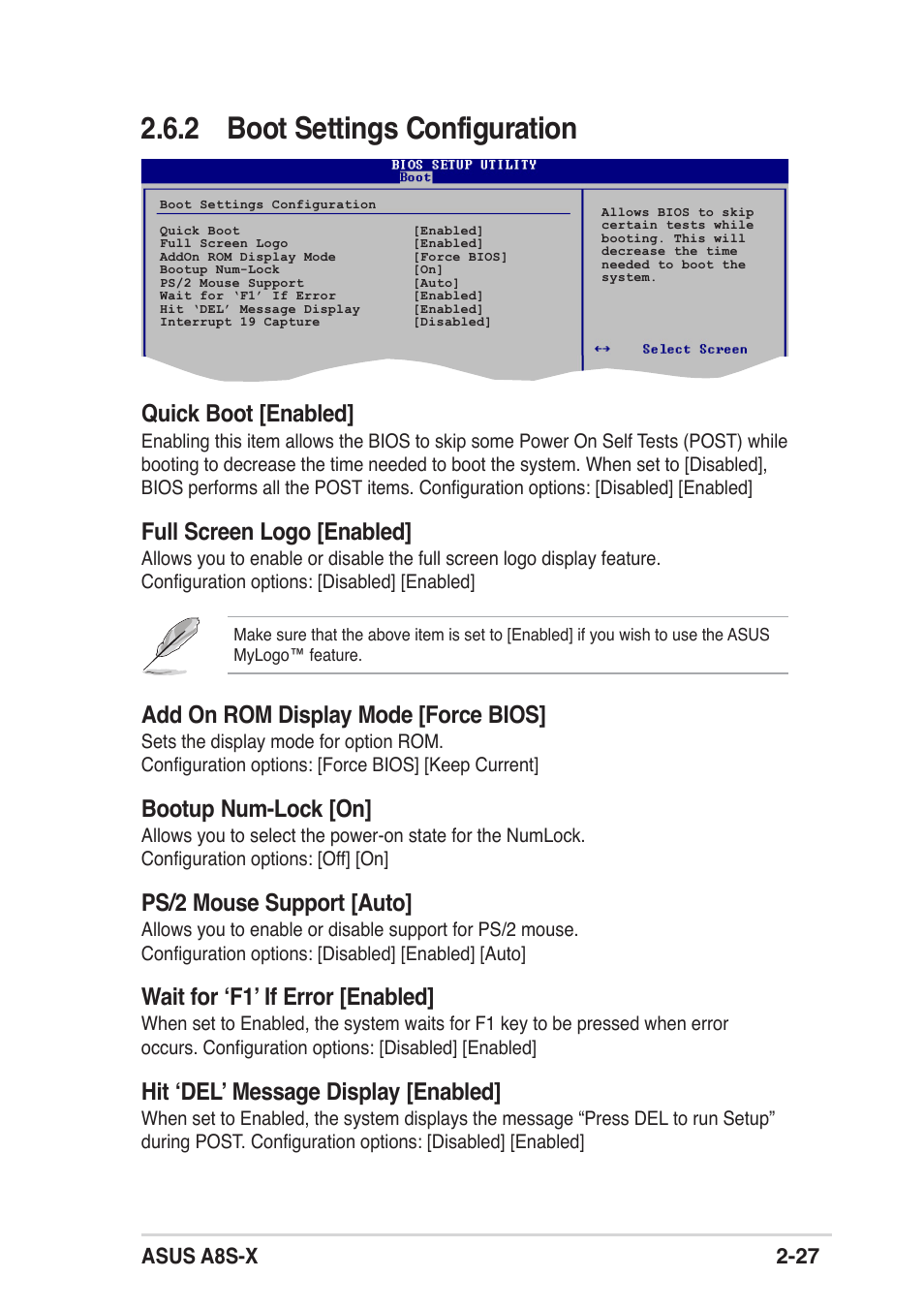 2 boot settings configuration, Quick boot [enabled, Full screen logo [enabled | Add on rom display mode [force bios, Bootup num-lock [on, Ps/2 mouse support [auto, Wait for ‘f1’ if error [enabled, Hit ‘del’ message display [enabled, Asus a8s-x 2-27 | Asus A8S-X User Manual | Page 59 / 68