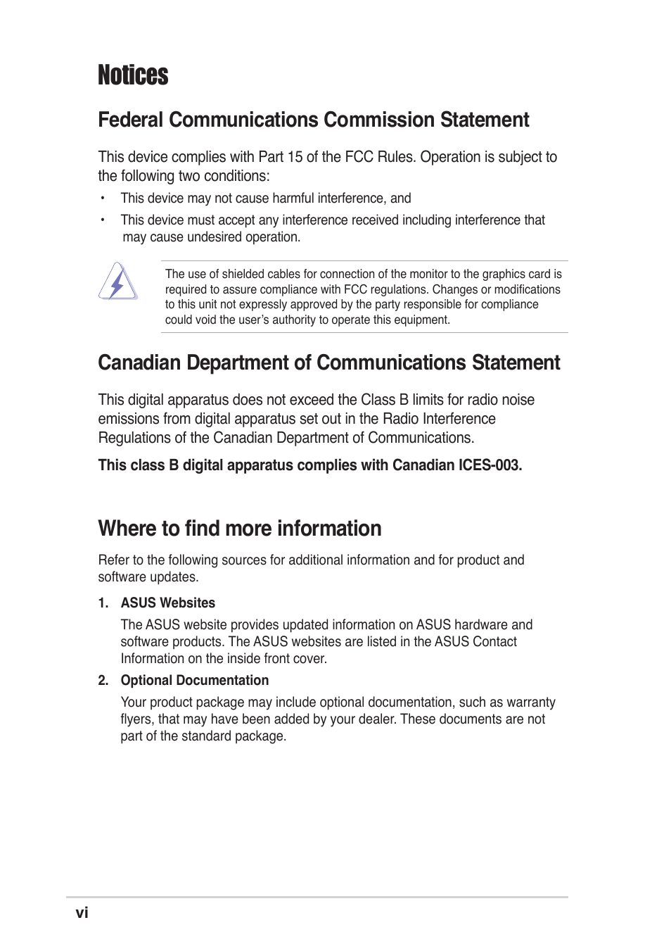 Notices, Where to find more information, Federal communications commission statement | Canadian department of communications statement | Asus A8S-X User Manual | Page 6 / 68