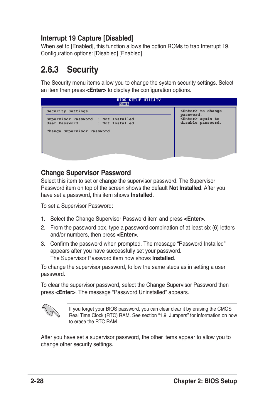 3 security, Change supervisor password, Interrupt 19 capture [disabled | Asus A8S-X User Manual | Page 60 / 68