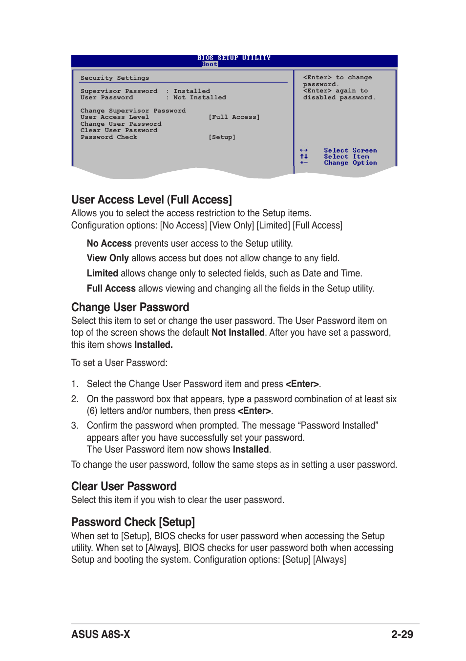 User access level (full access, Change user password, Clear user password | Password check [setup | Asus A8S-X User Manual | Page 61 / 68