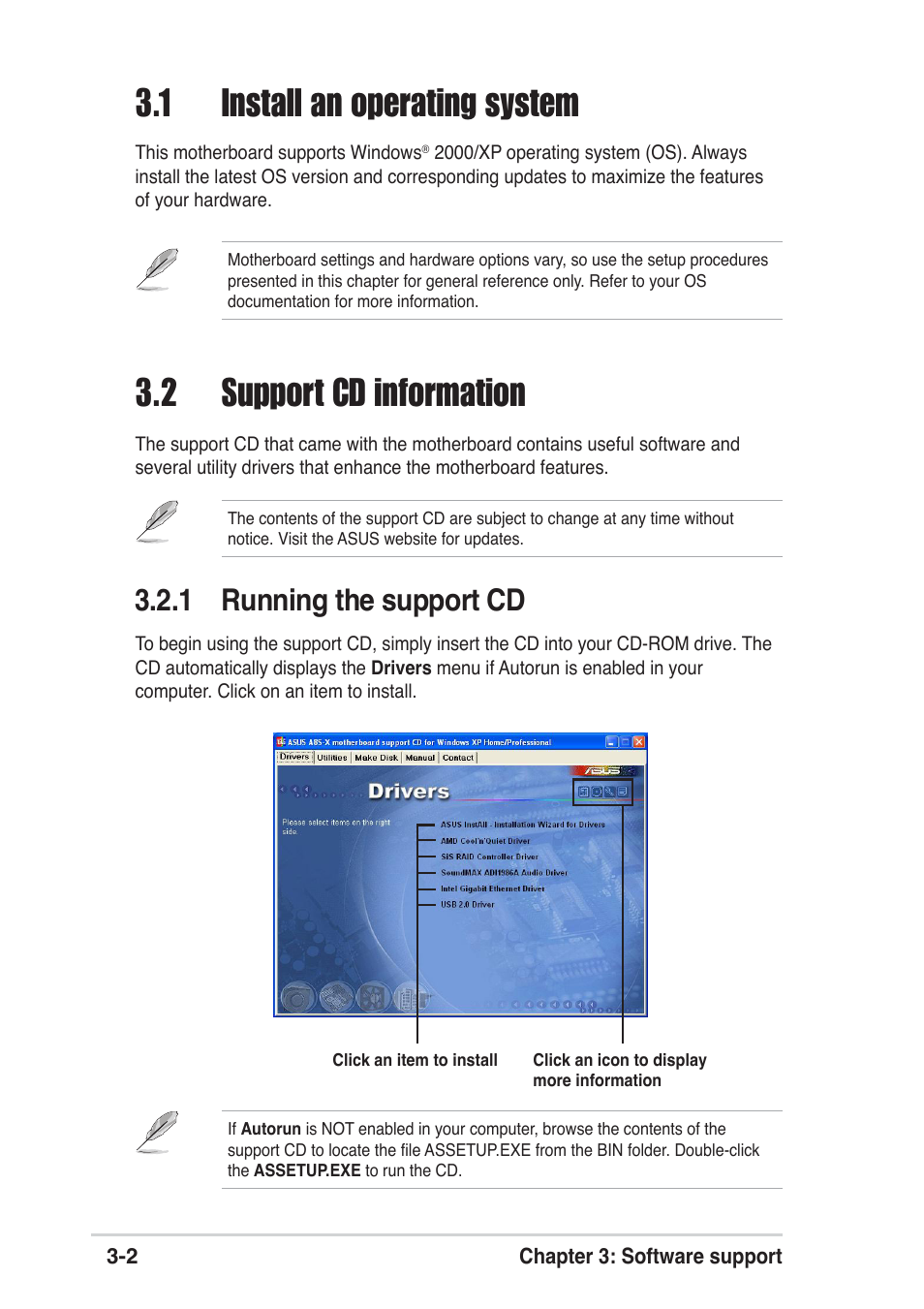 1 install an operating system, 2 support cd information, 1 running the support cd | Asus A8S-X User Manual | Page 64 / 68