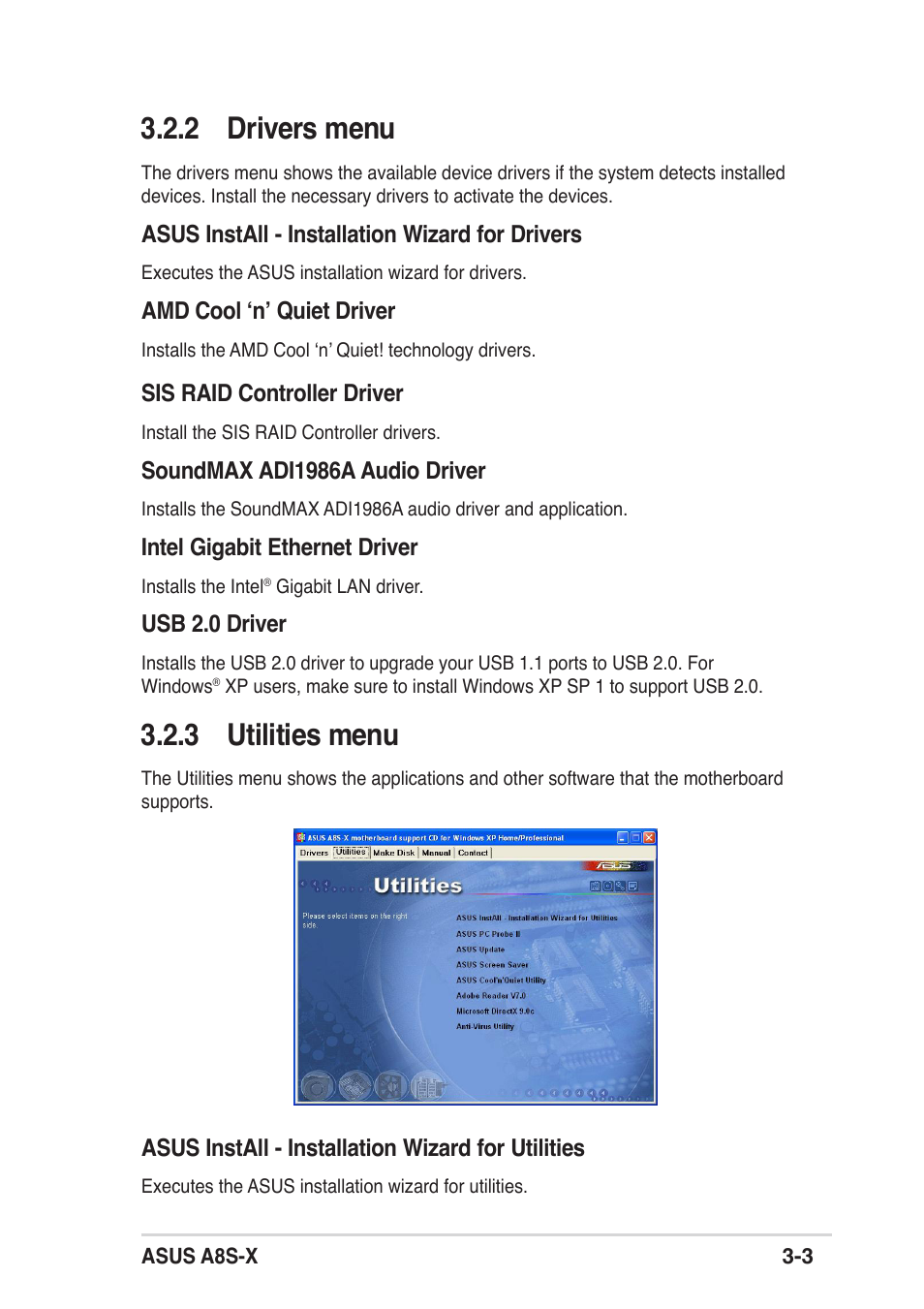 2 drivers menu, 3 utilities menu | Asus A8S-X User Manual | Page 65 / 68