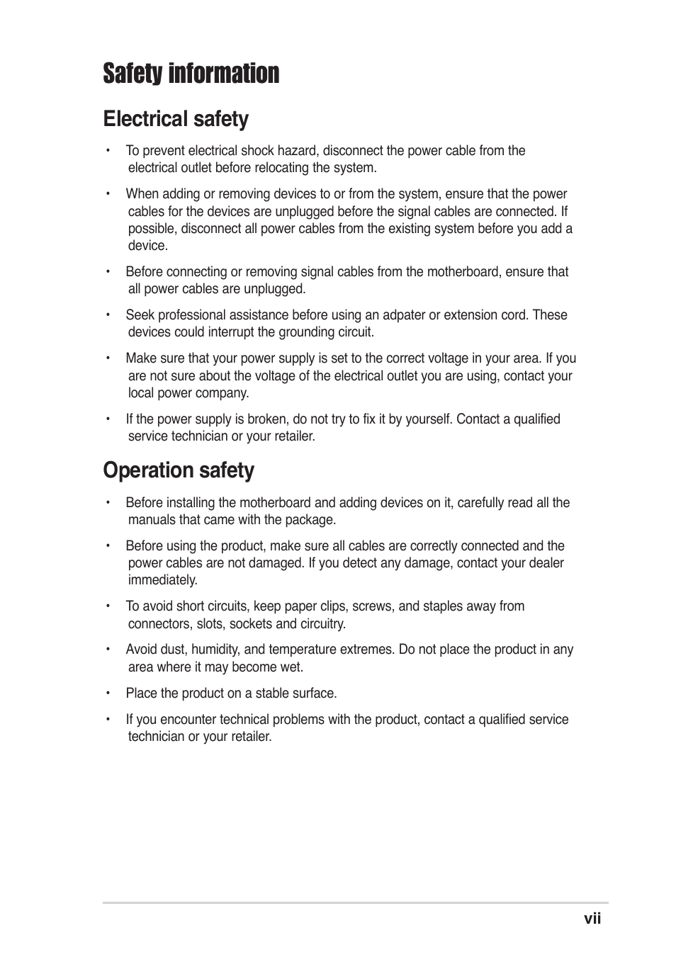 Safety information, Electrical safety, Operation safety | Asus A8S-X User Manual | Page 7 / 68