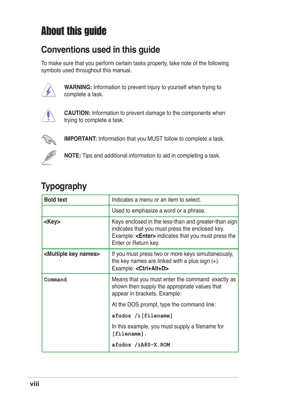 About this guide, Conventions used in this guide, Typography | Asus A8S-X User Manual | Page 8 / 68