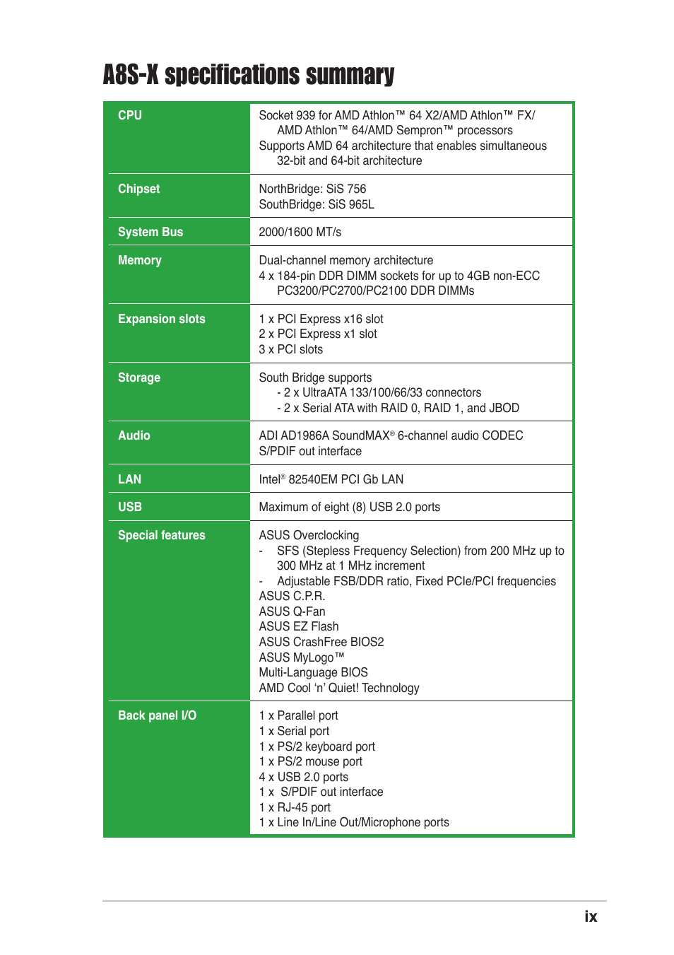 A8s-x specifications summary | Asus A8S-X User Manual | Page 9 / 68