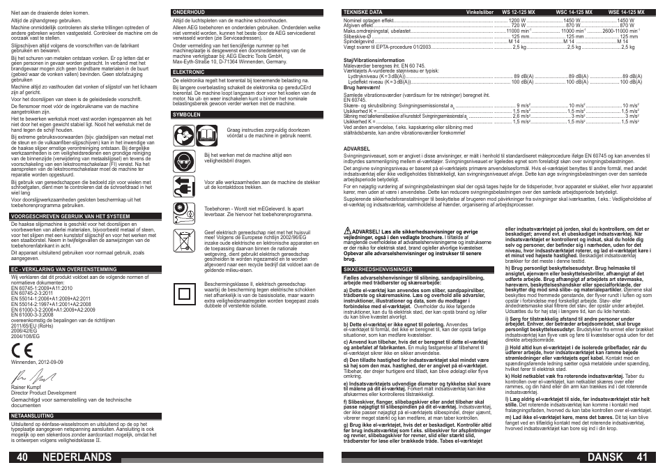 Dansk, Nederlands | AEG WSC 14-125 MX User Manual | Page 21 / 33