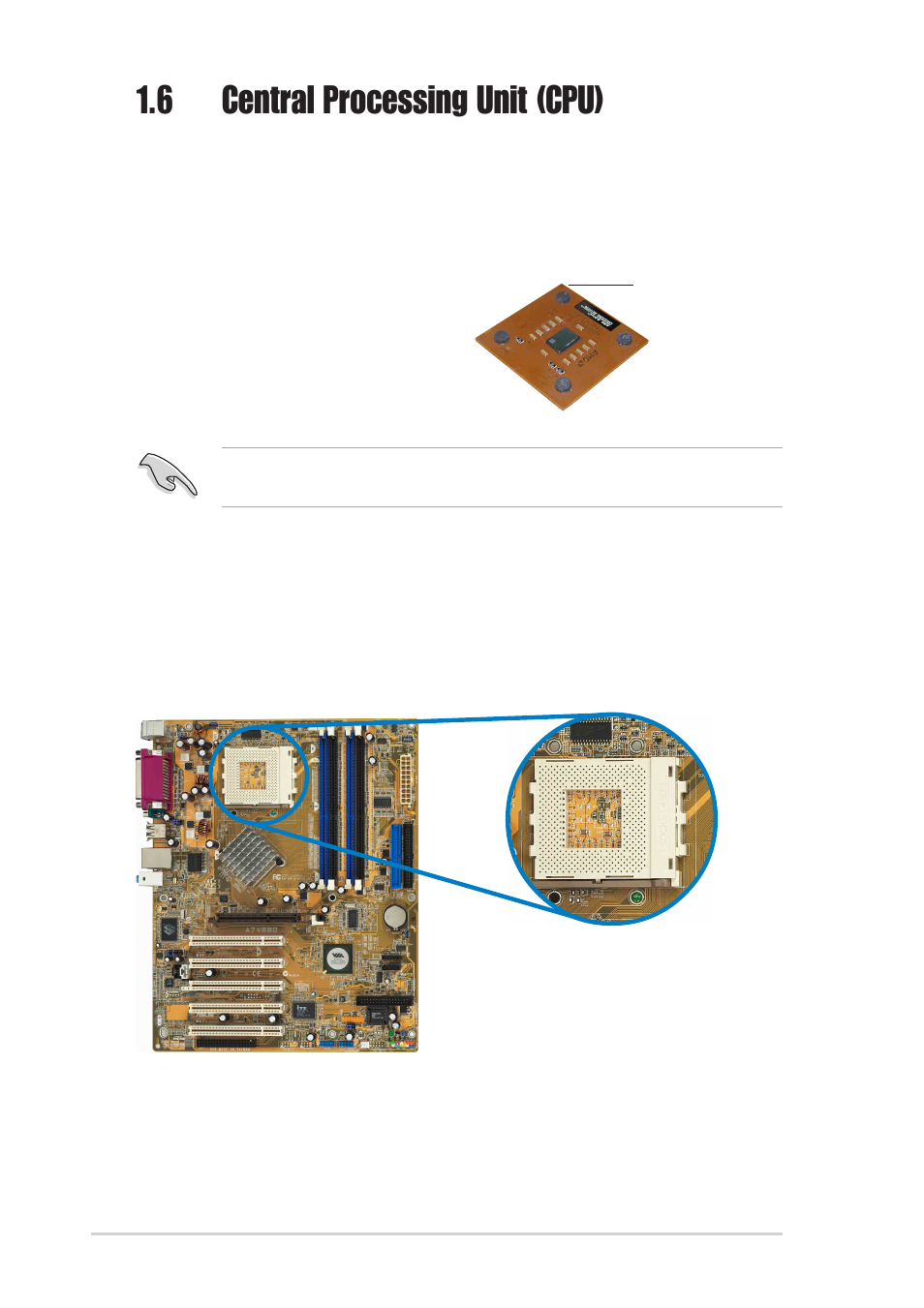 6 central processing unit (cpu), 1 overview, 2 installing the cpu | Asus Motherboard A7V880 User Manual | Page 18 / 76