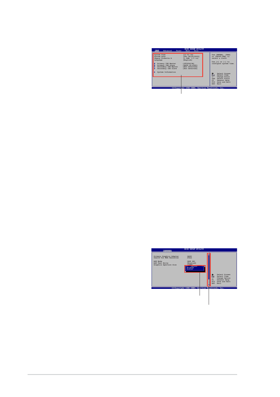 4 menu items, 5 sub-menu items, 6 configuration fields | 7 pop-up window, 8 scroll bar, 9 general help, 10 chapter 2: bios setup | Asus Motherboard A7V880 User Manual | Page 48 / 76