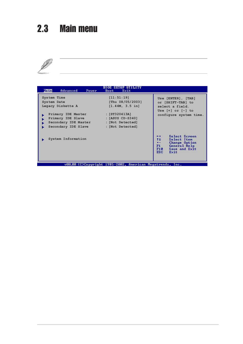 3 main menu | Asus Motherboard A7V880 User Manual | Page 49 / 76