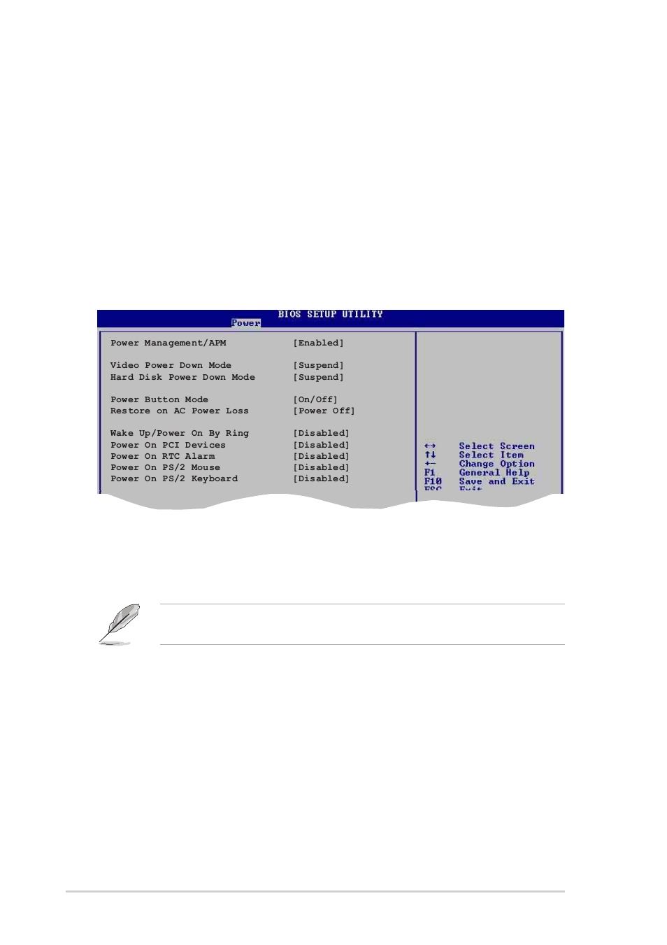 5 apm configuration, 3 acpi 2.0 support [no, 4 acpi apic support [enabled | Power management/apm [enabled, Video power down mode [suspend, Hard disk power down mode [suspend, Power button mode [on/off, 24 chapter 2: bios setup | Asus Motherboard A7V880 User Manual | Page 62 / 76