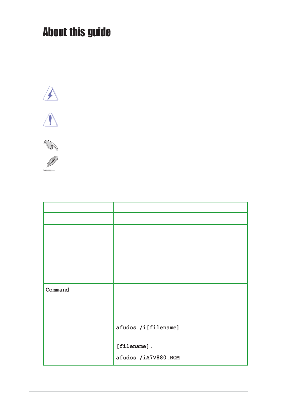 About this guide, Conventions used in this guide, Typography | Asus Motherboard A7V880 User Manual | Page 8 / 76