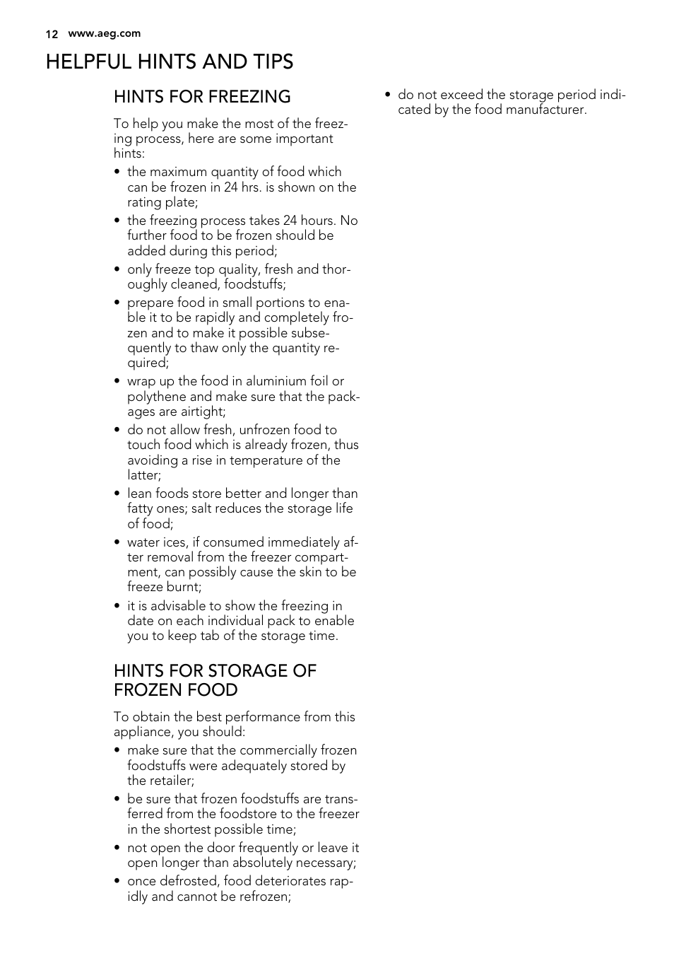 Helpful hints and tips, Hints for freezing, Hints for storage of frozen food | AEG A82700GNX0 User Manual | Page 12 / 68