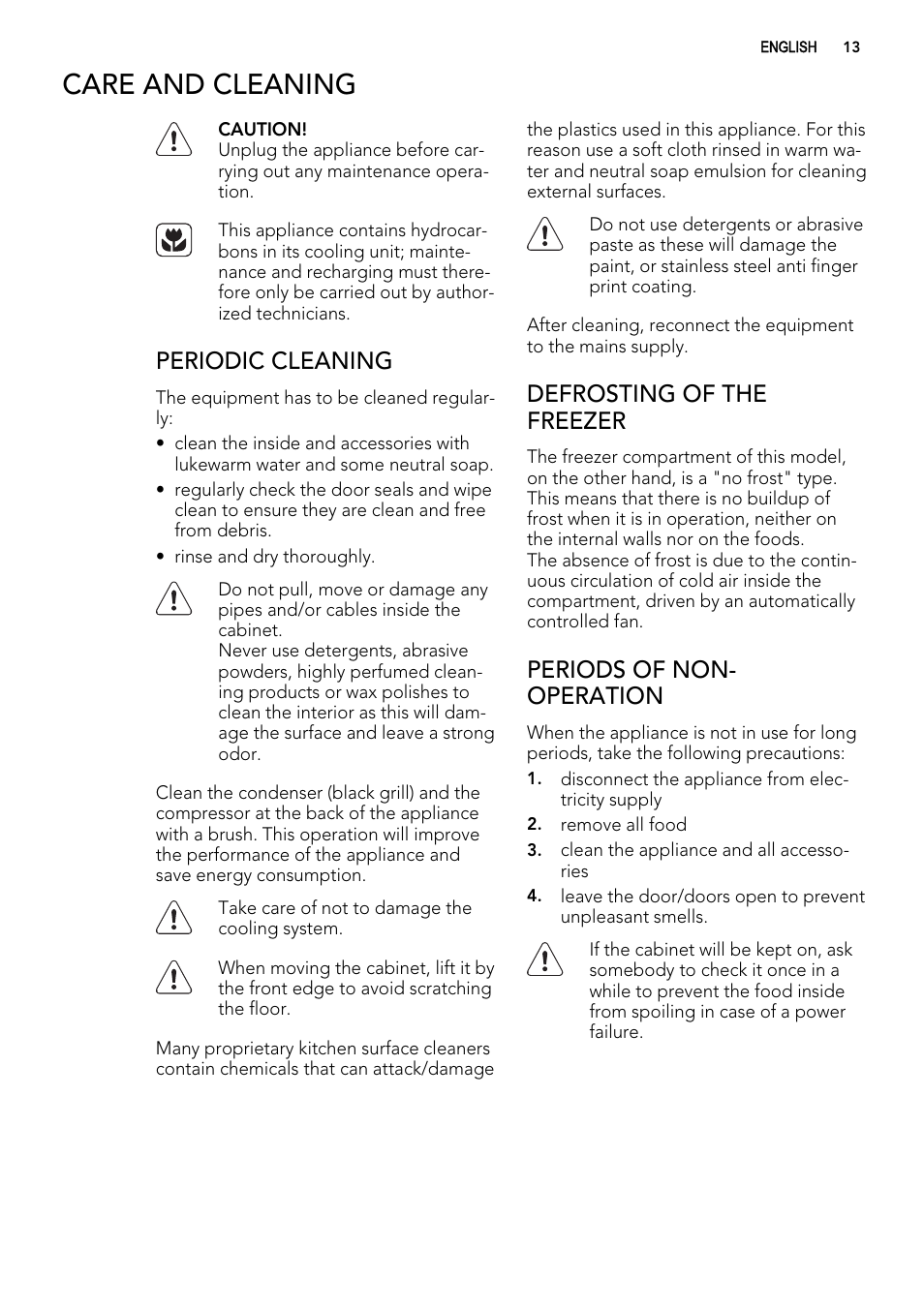 Care and cleaning, Periodic cleaning, Defrosting of the freezer | Periods of non- operation | AEG A82700GNX0 User Manual | Page 13 / 68