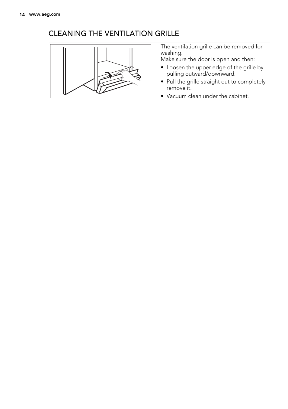 Cleaning the ventilation grille | AEG A82700GNX0 User Manual | Page 14 / 68