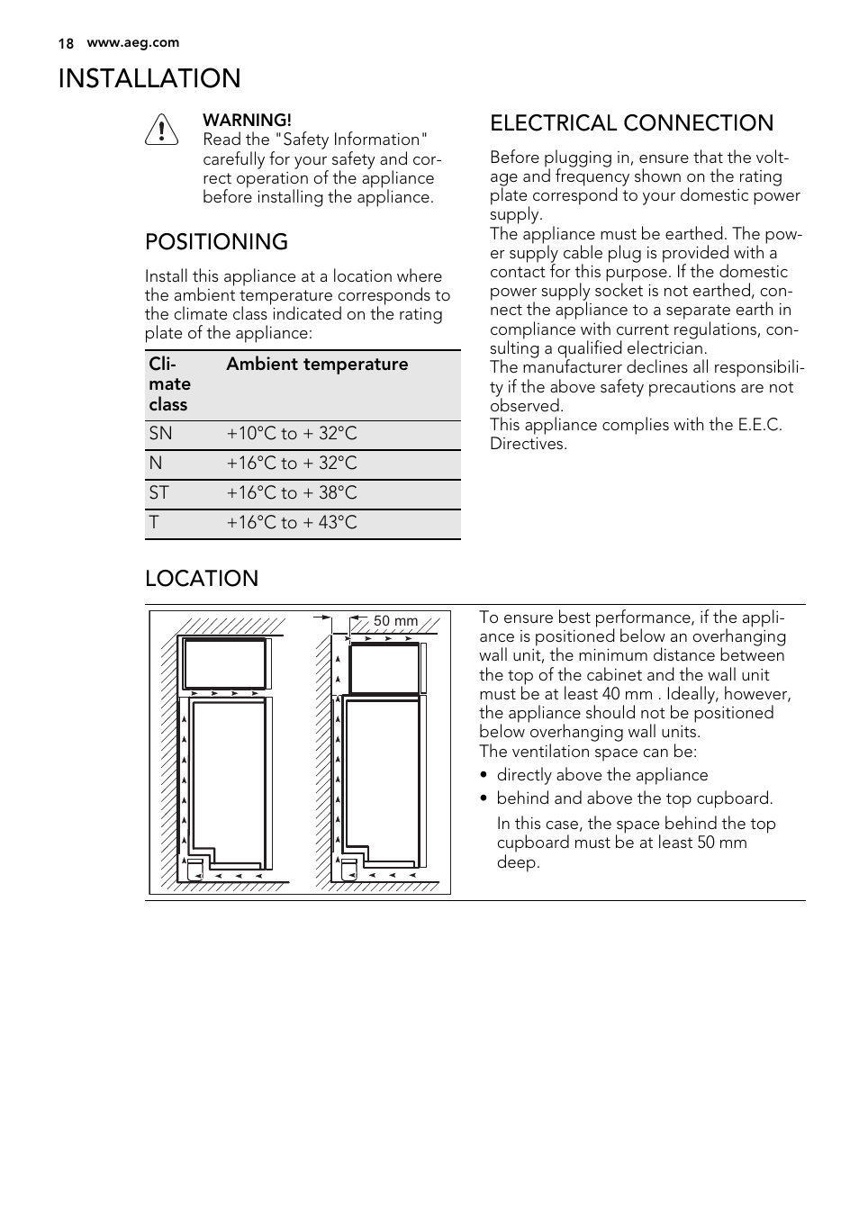 Installation, Positioning, Electrical connection | Location | AEG A82700GNX0 User Manual | Page 18 / 68