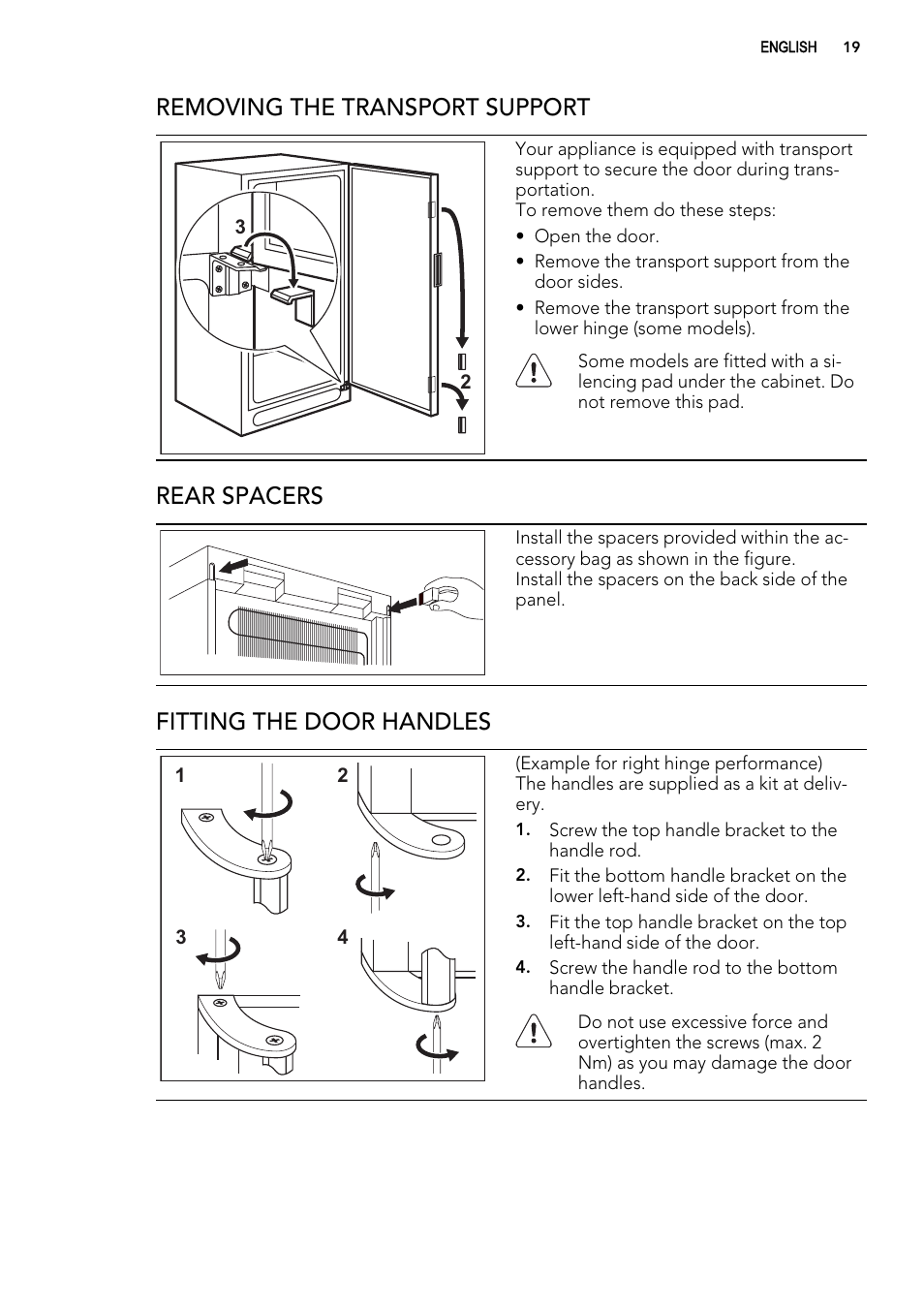 Removing the transport support, Rear spacers, Fitting the door handles | AEG A82700GNX0 User Manual | Page 19 / 68