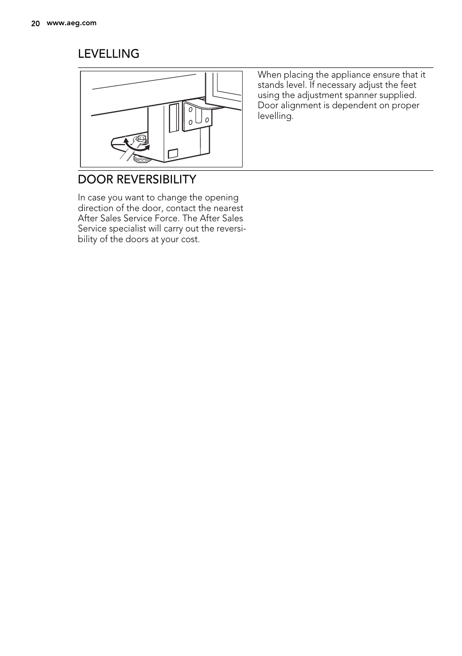 Levelling, Door reversibility | AEG A82700GNX0 User Manual | Page 20 / 68