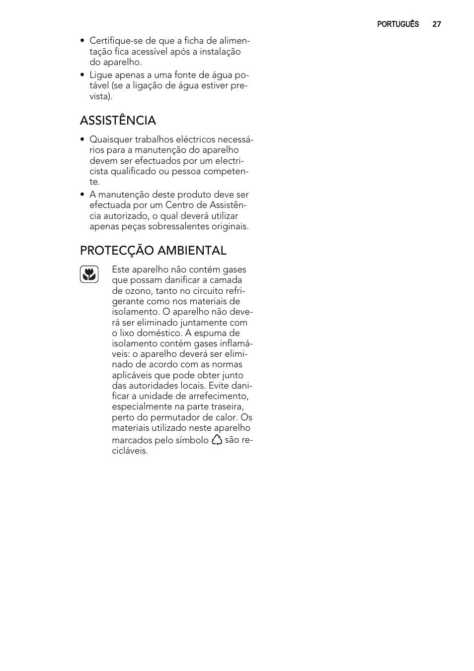 Assistência, Protecção ambiental | AEG A82700GNX0 User Manual | Page 27 / 68