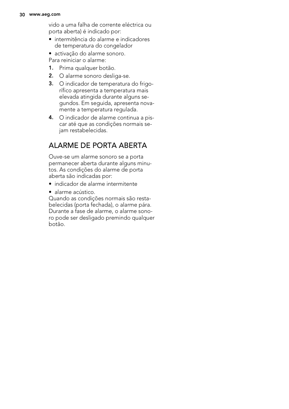 Alarme de porta aberta | AEG A82700GNX0 User Manual | Page 30 / 68
