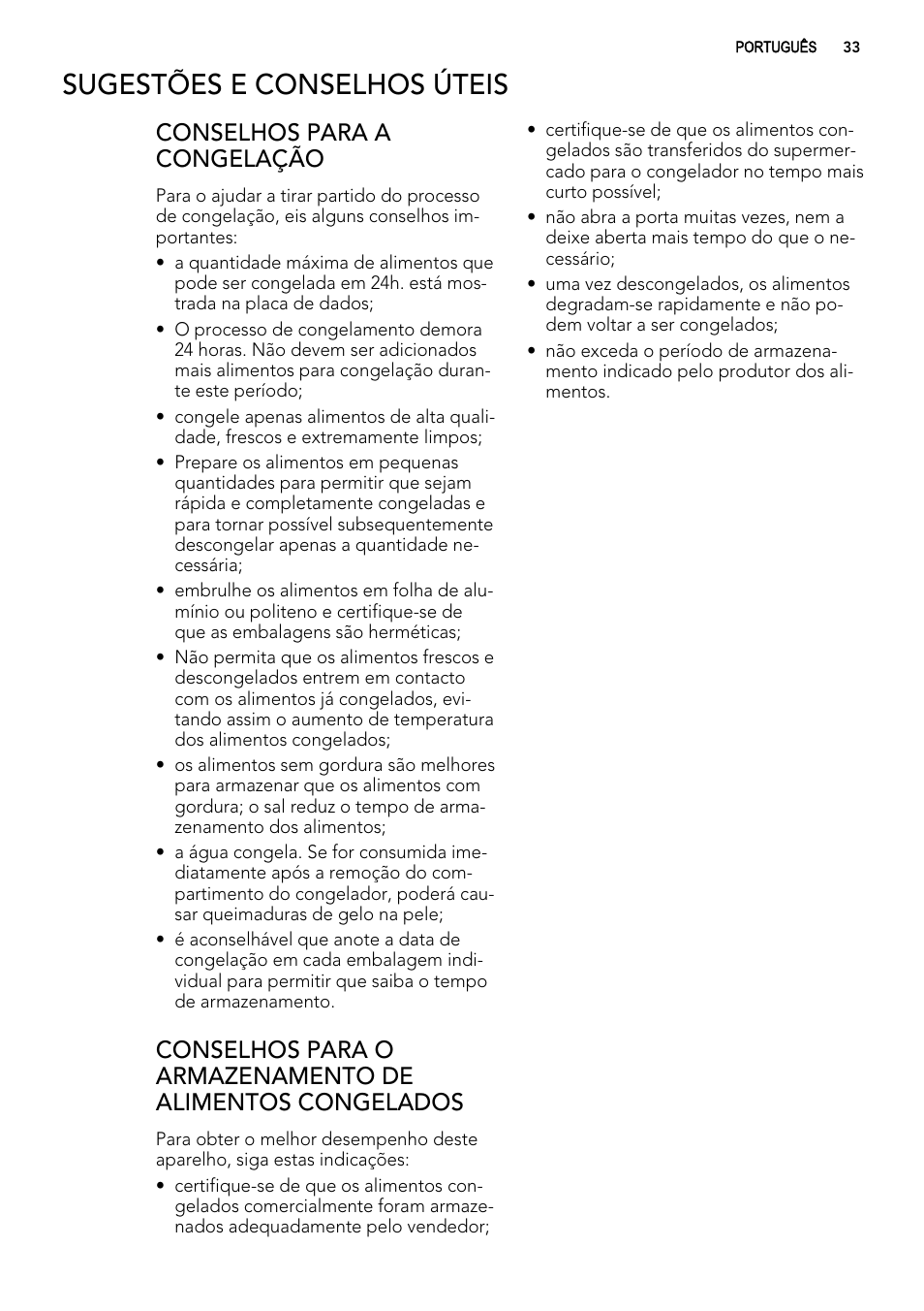 Sugestões e conselhos úteis, Conselhos para a congelação | AEG A82700GNX0 User Manual | Page 33 / 68