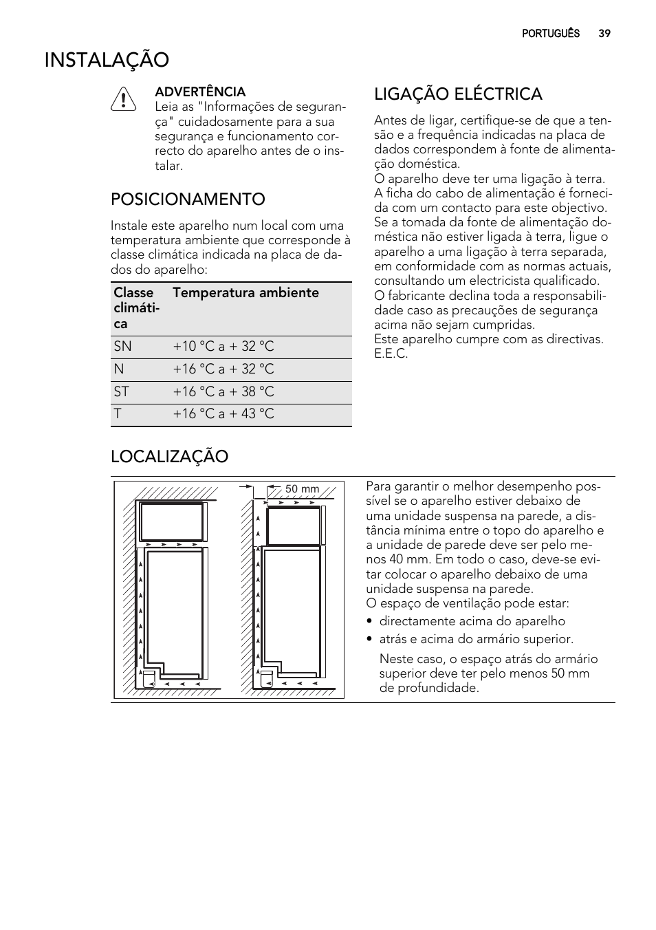 Instalação, Posicionamento, Ligação eléctrica | Localização | AEG A82700GNX0 User Manual | Page 39 / 68