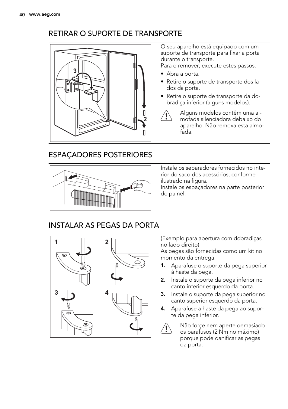 Retirar o suporte de transporte, Espaçadores posteriores, Instalar as pegas da porta | AEG A82700GNX0 User Manual | Page 40 / 68