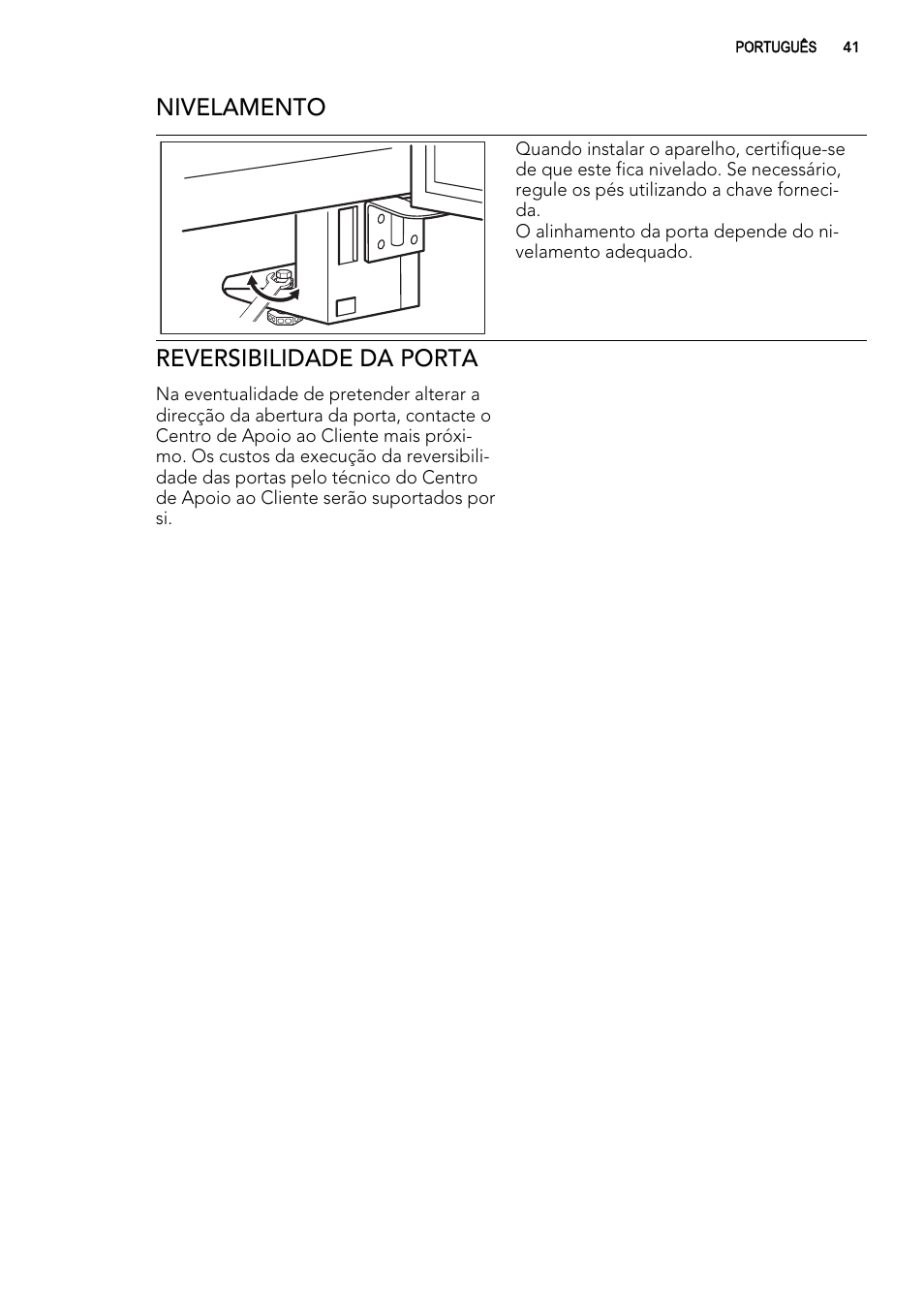 Nivelamento, Reversibilidade da porta | AEG A82700GNX0 User Manual | Page 41 / 68