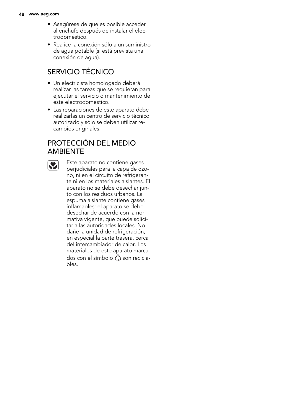 Servicio técnico, Protección del medio ambiente | AEG A82700GNX0 User Manual | Page 48 / 68
