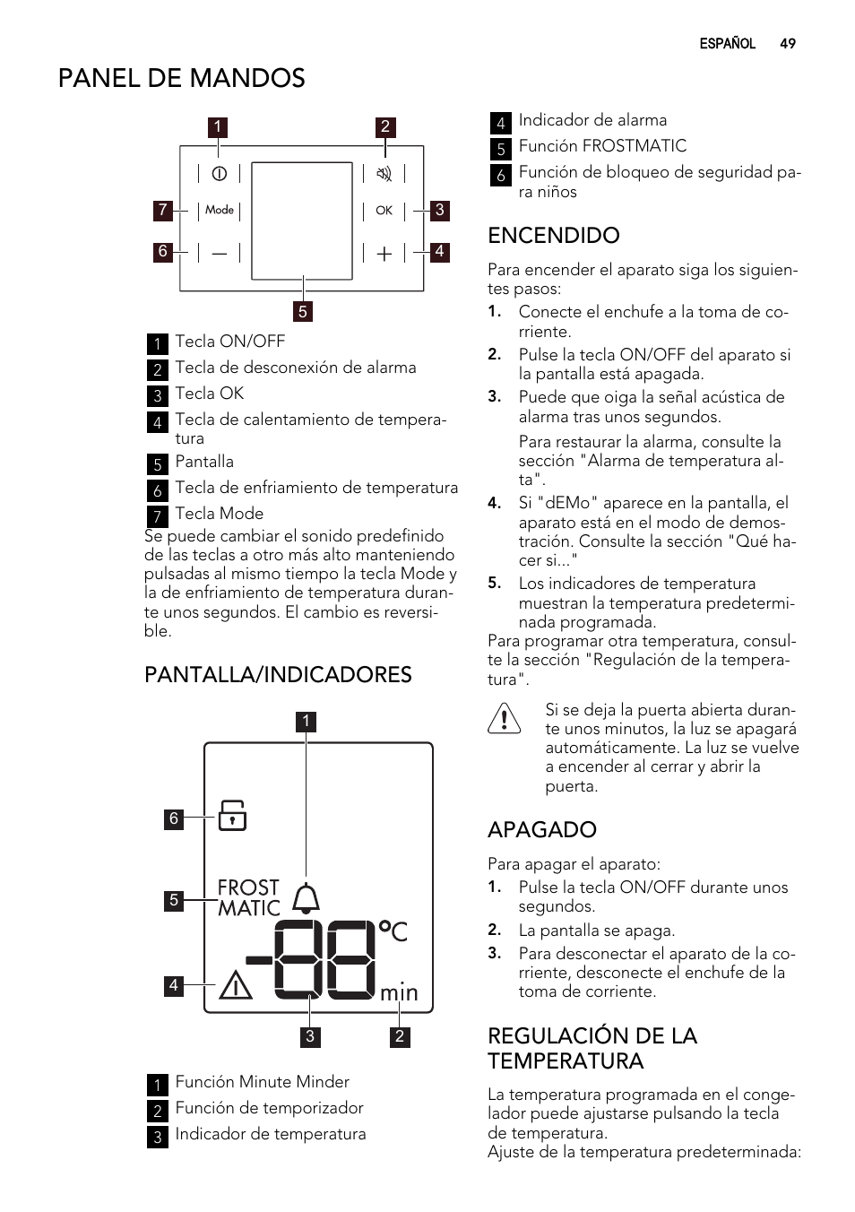 Panel de mandos, Pantalla/indicadores, Encendido | Apagado, Regulación de la temperatura | AEG A82700GNX0 User Manual | Page 49 / 68