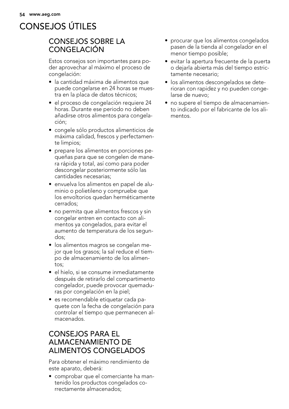 Consejos útiles, Consejos sobre la congelación | AEG A82700GNX0 User Manual | Page 54 / 68
