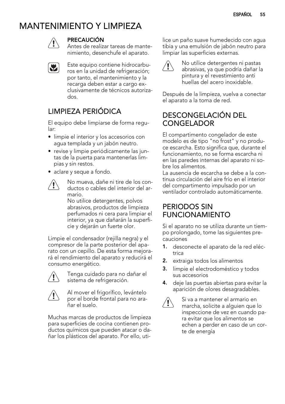 Mantenimiento y limpieza, Limpieza periódica, Descongelación del congelador | Periodos sin funcionamiento | AEG A82700GNX0 User Manual | Page 55 / 68