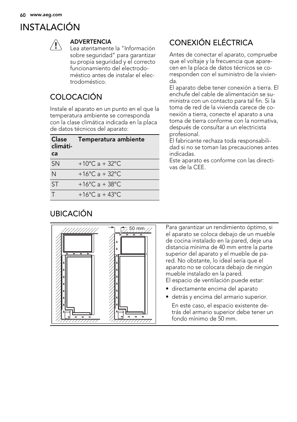 Instalación, Colocación, Conexión eléctrica | Ubicación | AEG A82700GNX0 User Manual | Page 60 / 68