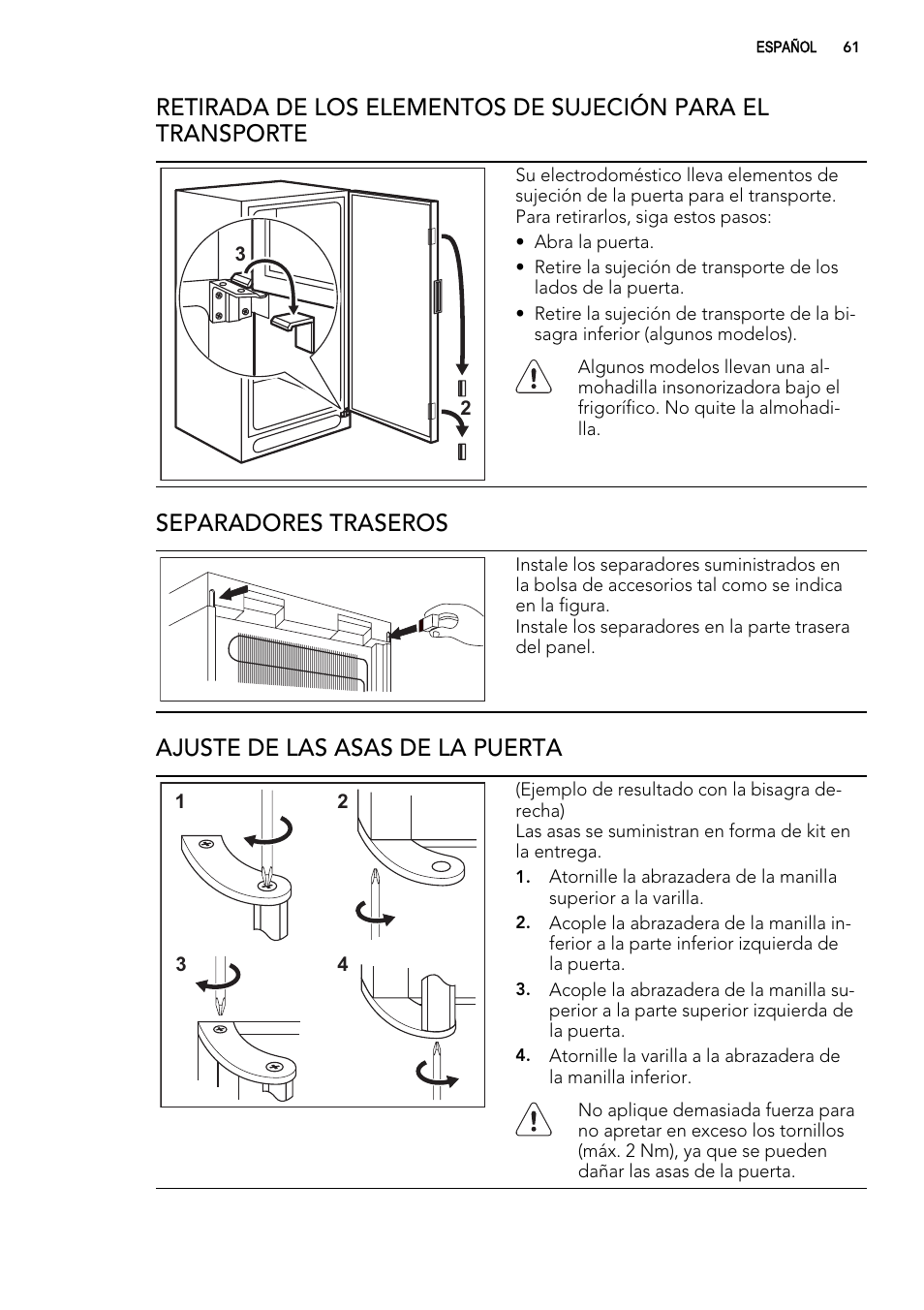 Separadores traseros, Ajuste de las asas de la puerta | AEG A82700GNX0 User Manual | Page 61 / 68