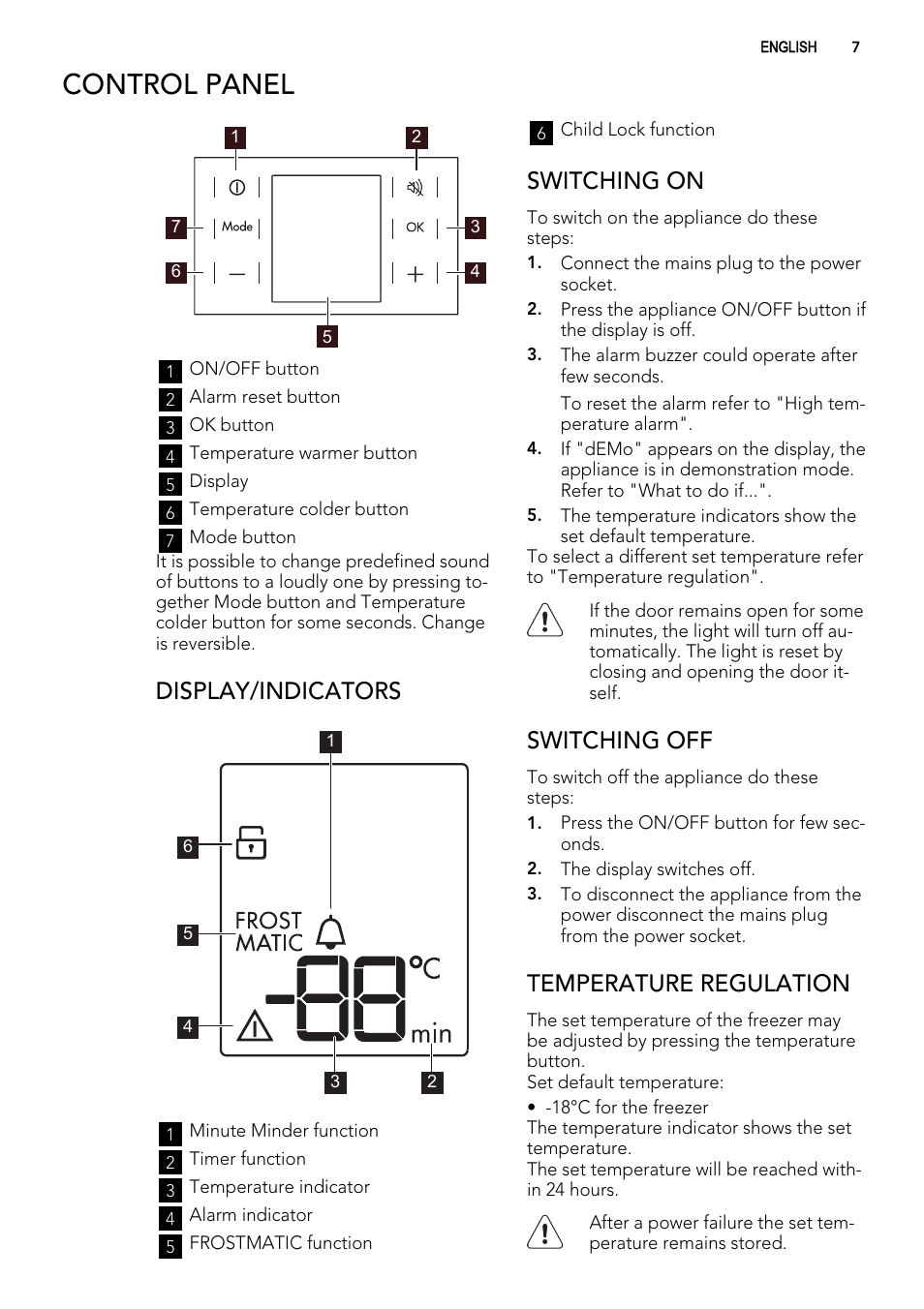 Control panel, Display/indicators, Switching on | Switching off, Temperature regulation | AEG A82700GNX0 User Manual | Page 7 / 68