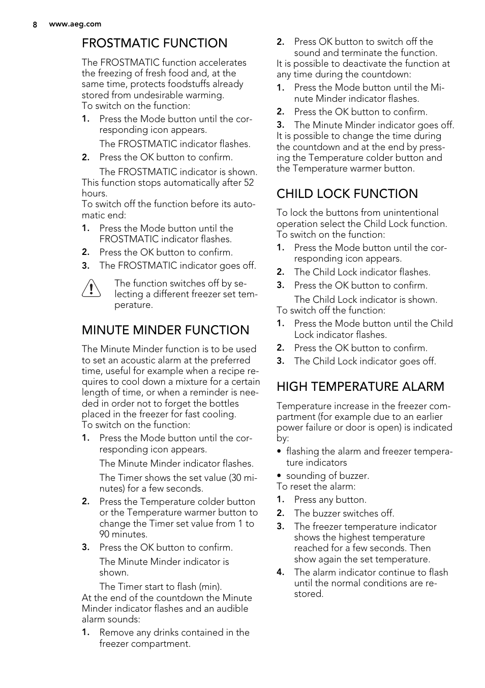 Frostmatic function, Minute minder function, Child lock function | High temperature alarm | AEG A82700GNX0 User Manual | Page 8 / 68