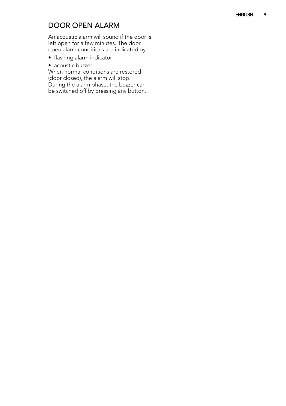 Door open alarm | AEG A82700GNX0 User Manual | Page 9 / 68