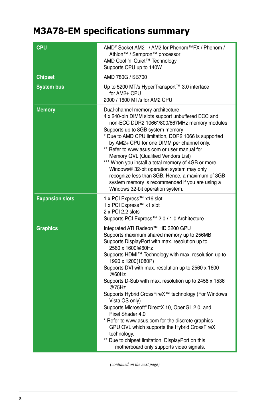 M3a78-em specifications summary | Asus M3A78-EM User Manual | Page 10 / 108