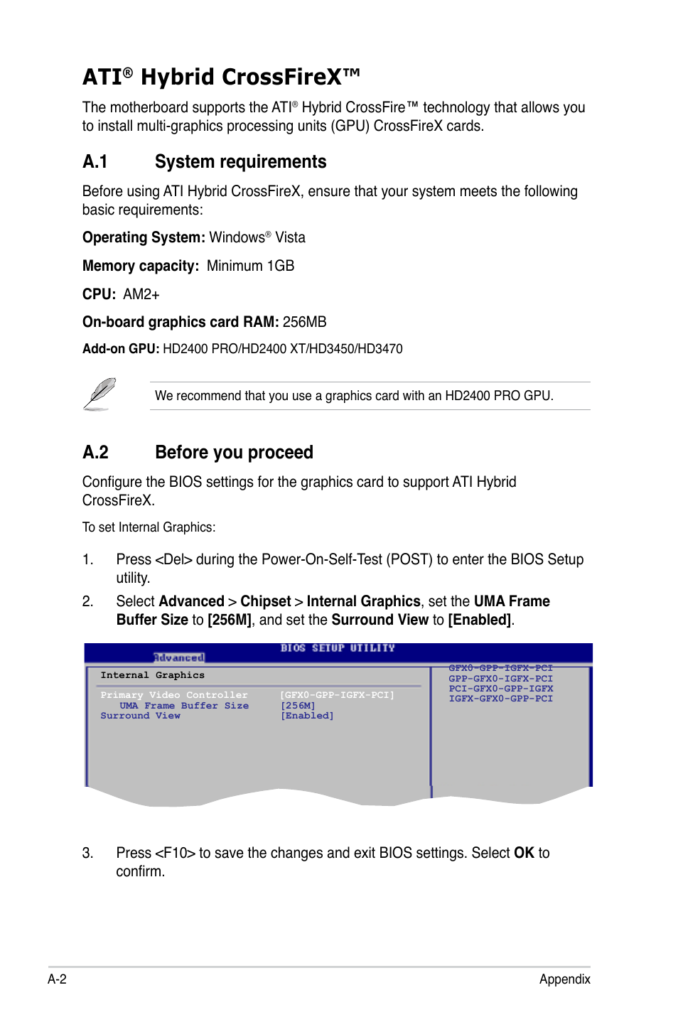 Appendix: ati® hybrid crossfirex, A.1 system requirements, A.2 before you proceed | Hybrid.crossfirex, Hybrid crossfirex, A.1. system.requirements, A.2. before.you.proceed | Asus M3A78-EM User Manual | Page 104 / 108