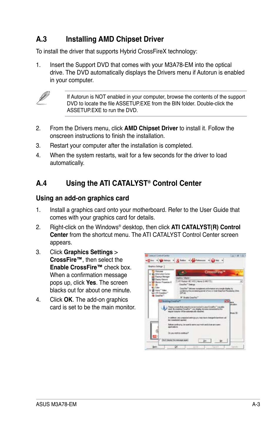 A.3 installing amd chipset driver, A.4 using the ati catalyst® control center, Using the ati catalyst | Control center ......................a-3, A.3. installing.amd.chipset.driver, A.4. using.the.ati.catalyst, Control.center | Asus M3A78-EM User Manual | Page 105 / 108