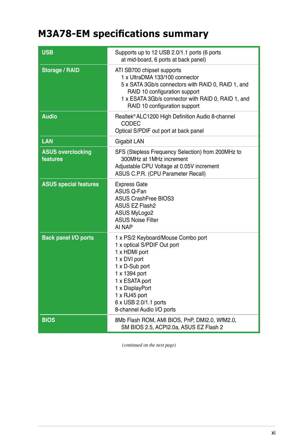 M3a78-em specifications summary | Asus M3A78-EM User Manual | Page 11 / 108