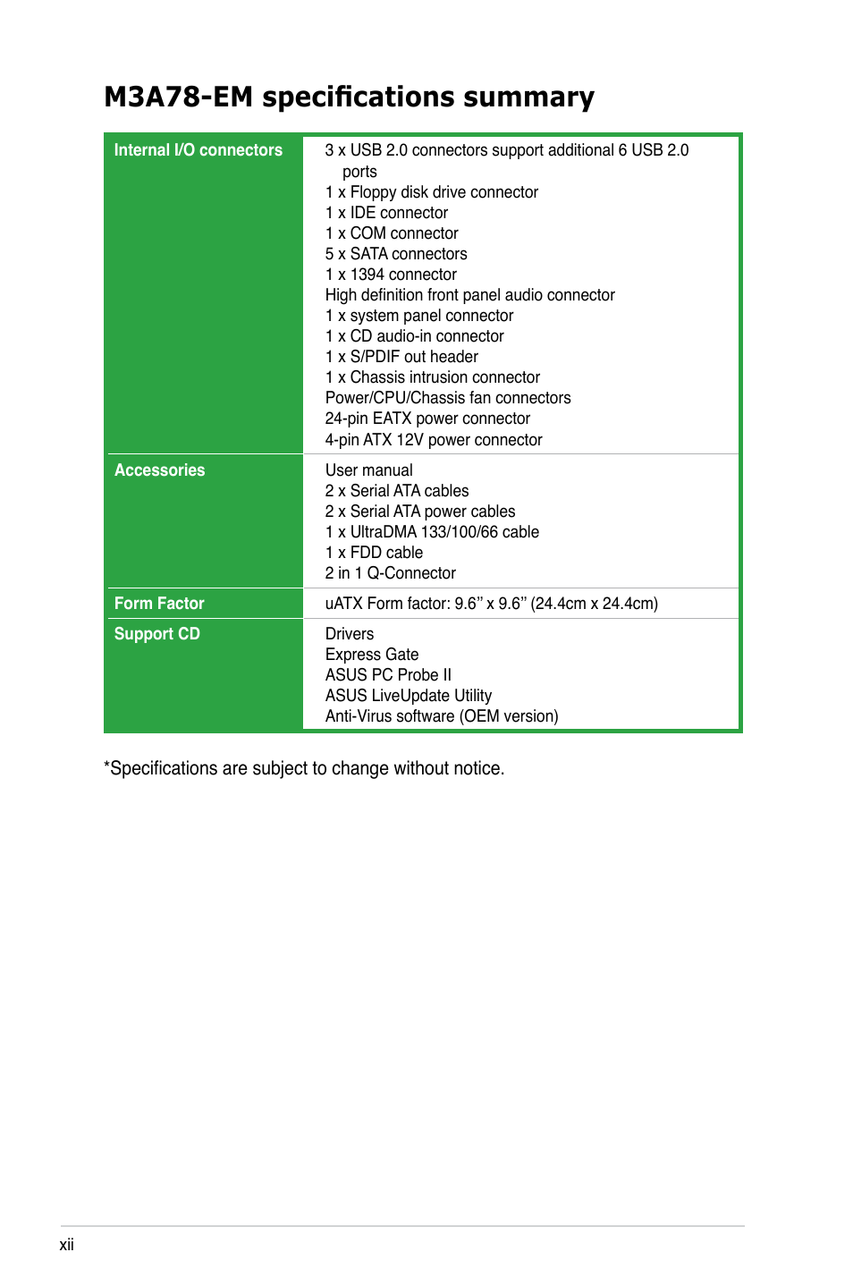 M3a78-em specifications summary | Asus M3A78-EM User Manual | Page 12 / 108