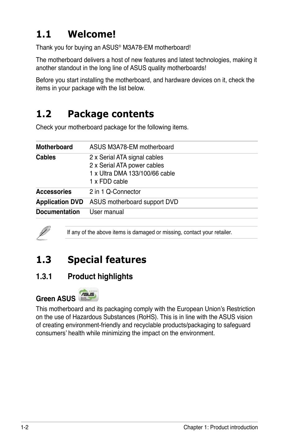 1 welcome, 2 package contents, 3 special features | 1 product highlights, Welcome! -2, Package.contents -2, Special.features -2 1.3.1, Product highlights -2, Product.highlights | Asus M3A78-EM User Manual | Page 14 / 108