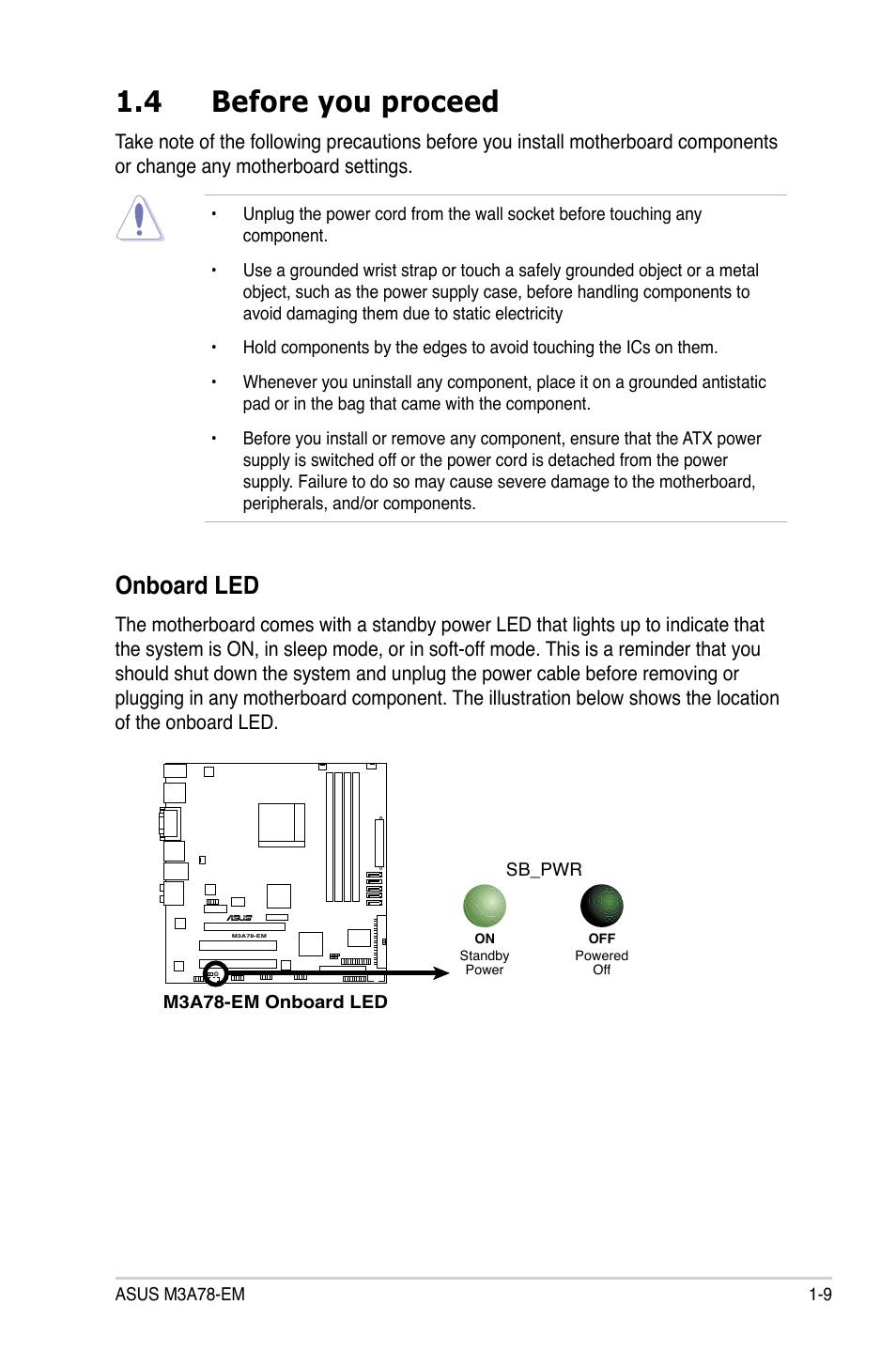 4 before you proceed, Before.you.proceed -9, Onboard.led | Asus M3A78-EM User Manual | Page 21 / 108