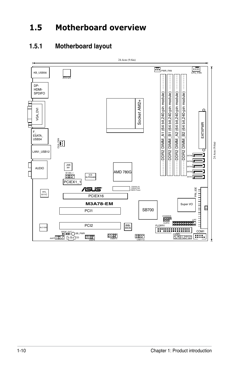 5 motherboard overview, 1 motherboard layout, Motherboard.overview -10 1.5.1 | Motherboard layout -10, Motherboard.layout, 10 chapter 1: product introduction, Socket am2, Sb700, Amd 780g, M3a78-em | Asus M3A78-EM User Manual | Page 22 / 108