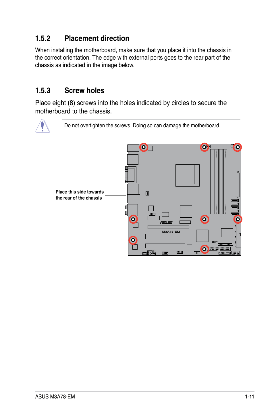 2 placement direction, 3 screw holes, Placement direction -11 | Screw holes -11, Placement.direction, Screw.holes | Asus M3A78-EM User Manual | Page 23 / 108