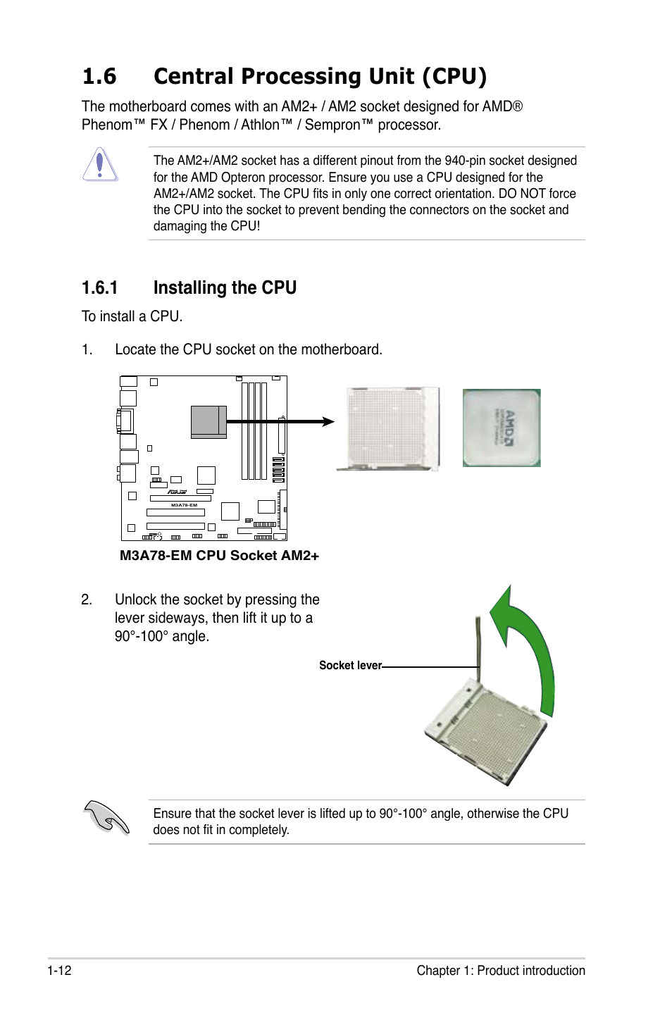 6 central processing unit (cpu), 1 installing the cpu, Central.processing.unit.(cpu) -12 1.6.1 | Installing the cpu -12, Installing.the.cpu | Asus M3A78-EM User Manual | Page 24 / 108