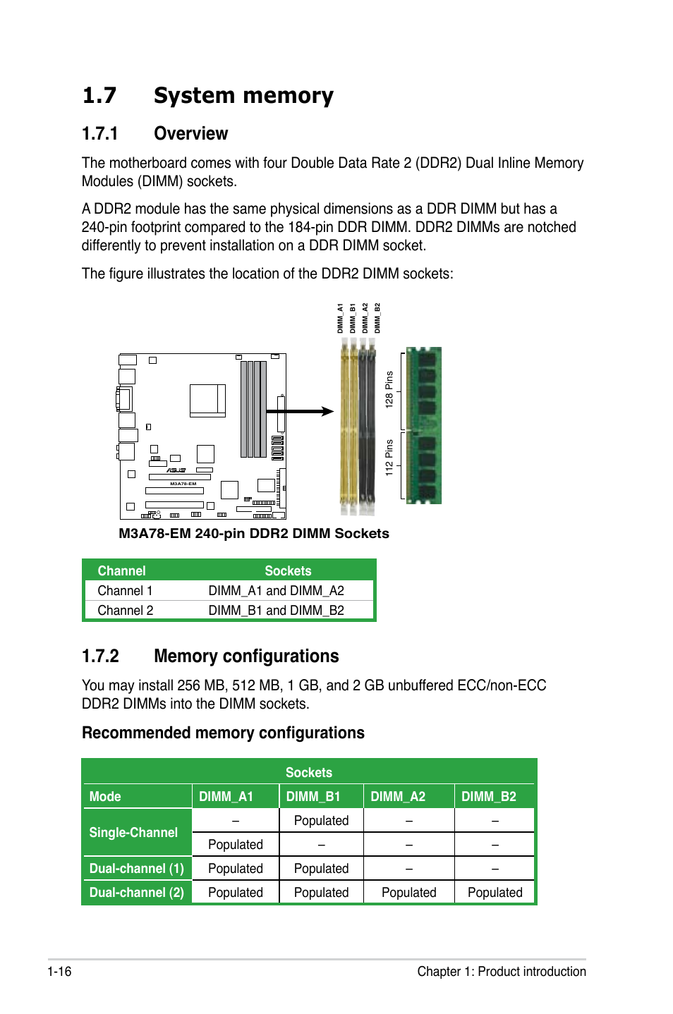 7 system memory, 1 overview, 2 memory configurations | System.memory -16 1.7.1, Overview -16, Memory configurations -16, Overview | Asus M3A78-EM User Manual | Page 28 / 108