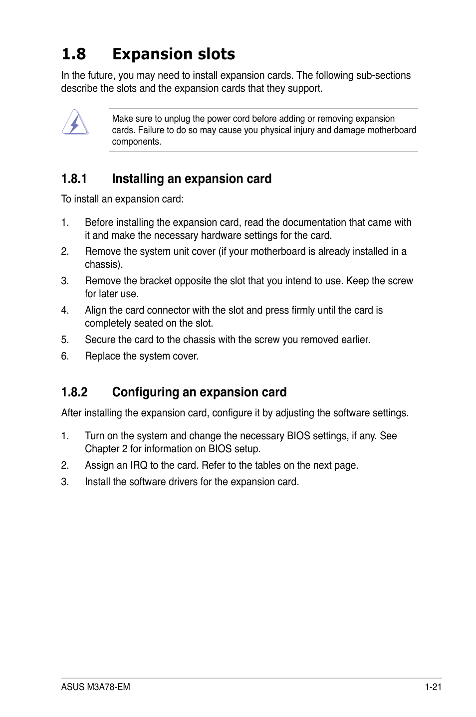 8 expansion slots, 1 installing an expansion card, 2 configuring an expansion card | Expansion.slots -21 1.8.1, Installing an expansion card -21, Configuring an expansion card -21, Installing.an.expansion.card | Asus M3A78-EM User Manual | Page 33 / 108