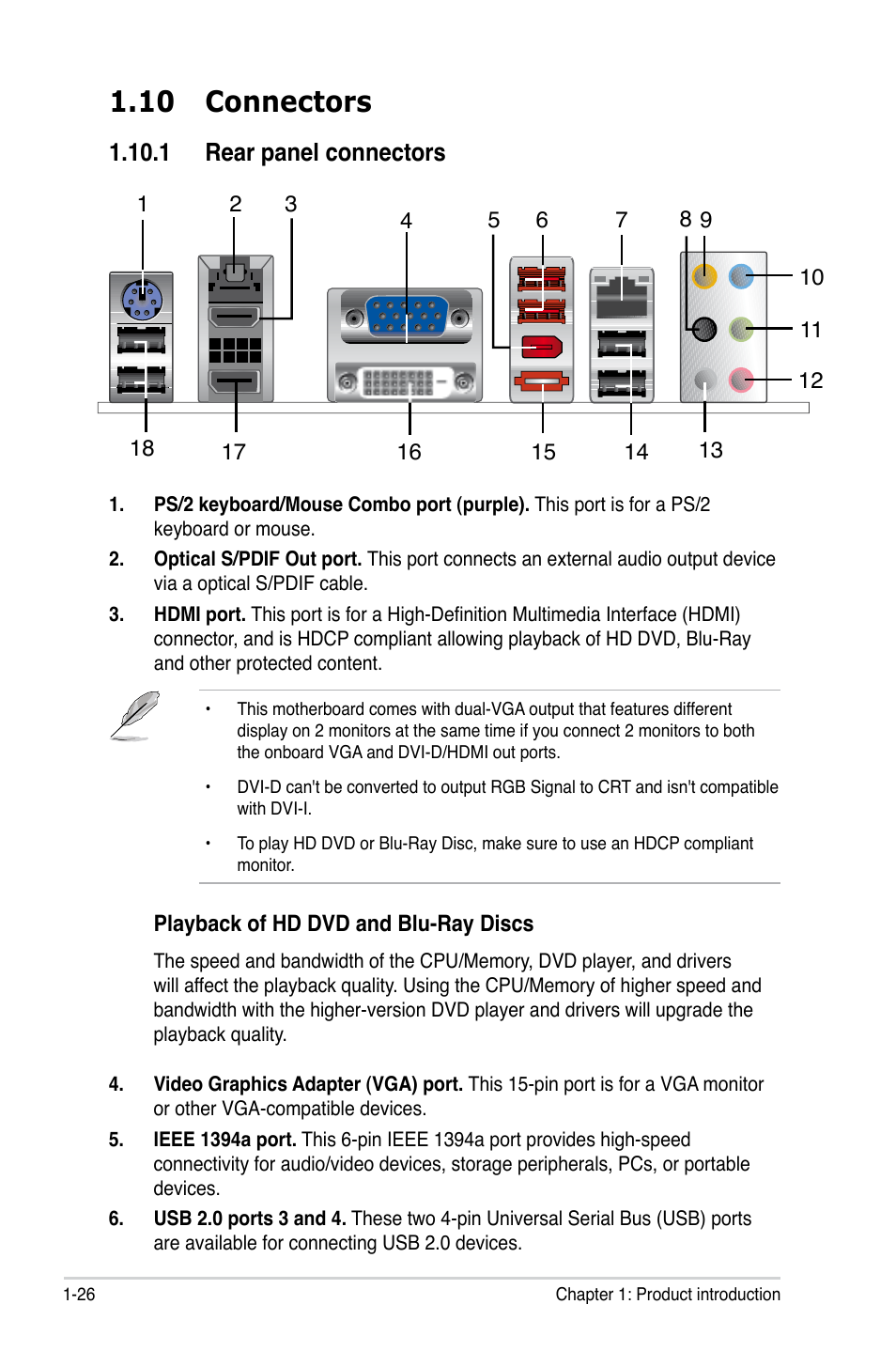 10 connectors, 1 rear panel connectors, Connectors -26 | 1 rear panel connectors -26, Rear.panel.connectors | Asus M3A78-EM User Manual | Page 38 / 108