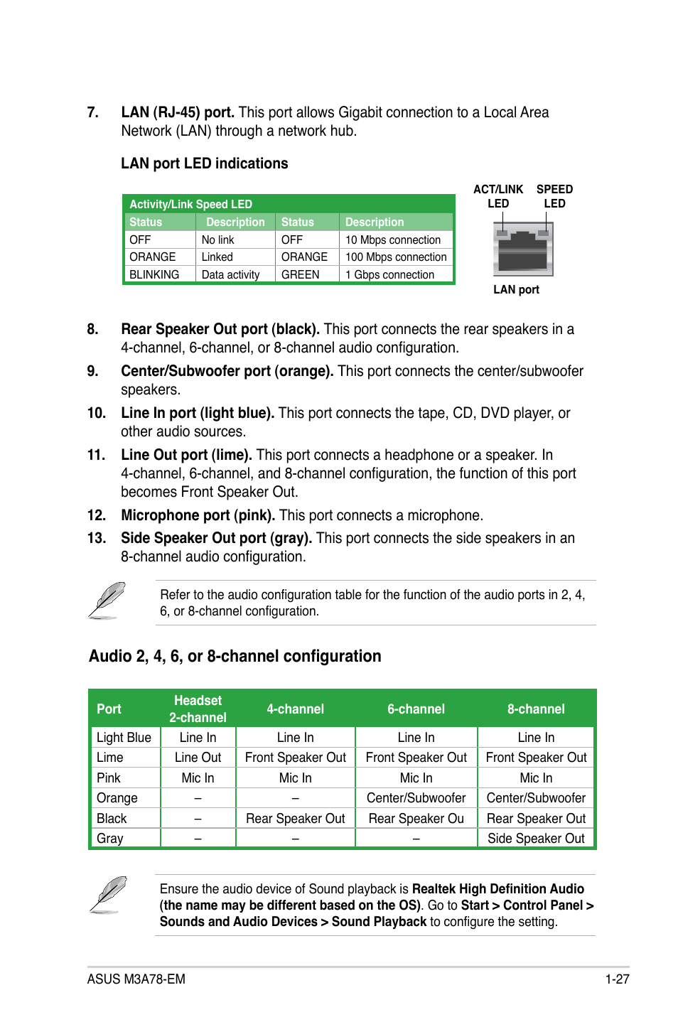 Audio 2, 4, 6, or 8-channel configuration | Asus M3A78-EM User Manual | Page 39 / 108